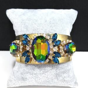 Vintage Watermelon Rhinestone Blue Crystal Brass Cuff Bracelet